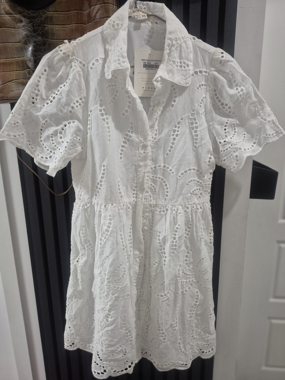 Eyelet Button-Front White Mini Dress with Puff Sleeves